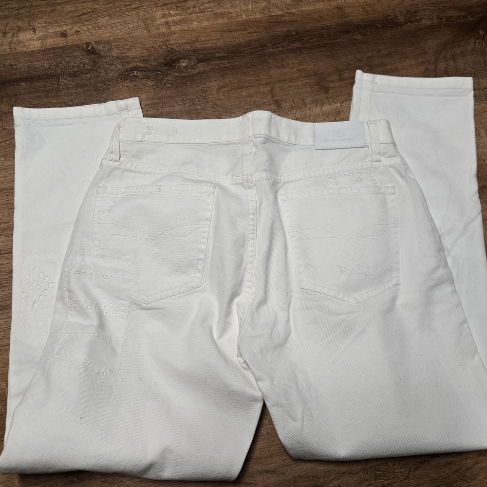 Ralph Lauren Black Label Cream Straight Leg Jeans Distressed Patchwork Size 6 - Picture 10 of 11
